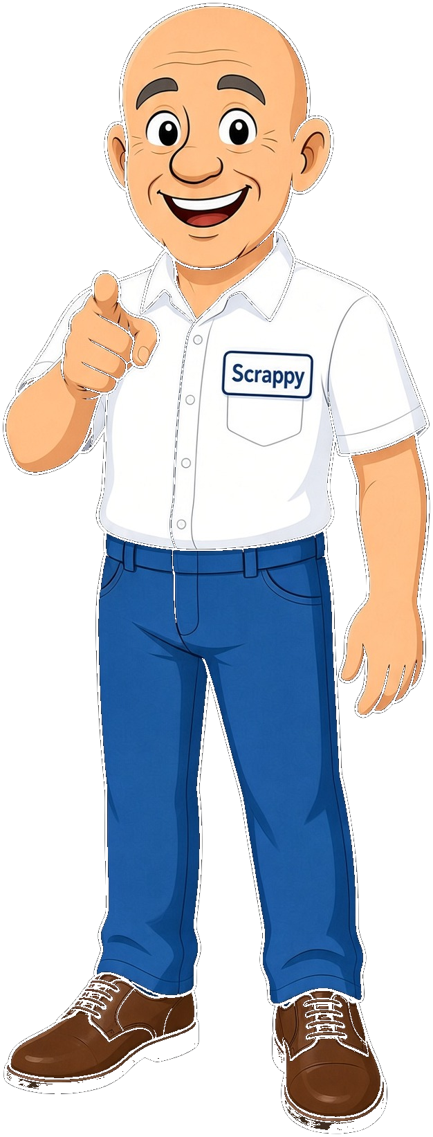 Scrappy, the Scrappy Stacks mascot, pointing